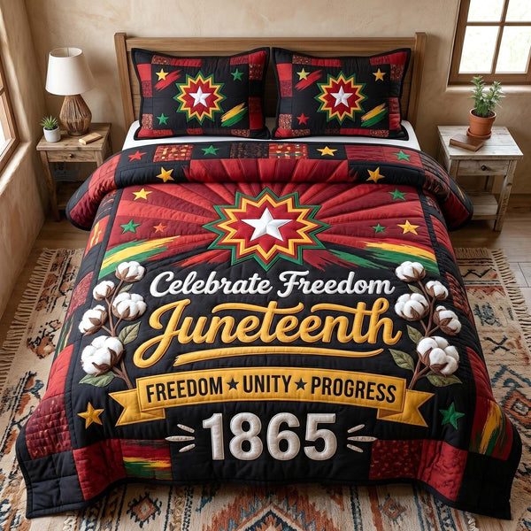 Melanin Legacy quilted 3-piece bedding set on a made bed with two matching pillow shams