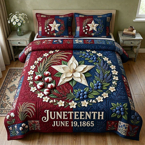 Melanin Legacy quilted 3-piece bedding set on a made bed with two matching pillow shams