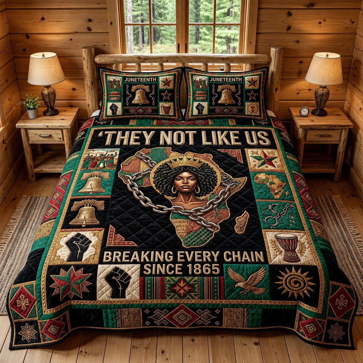 Melanin Magic quilted 3-piece bedding set on a made bed with two matching pillow shams
