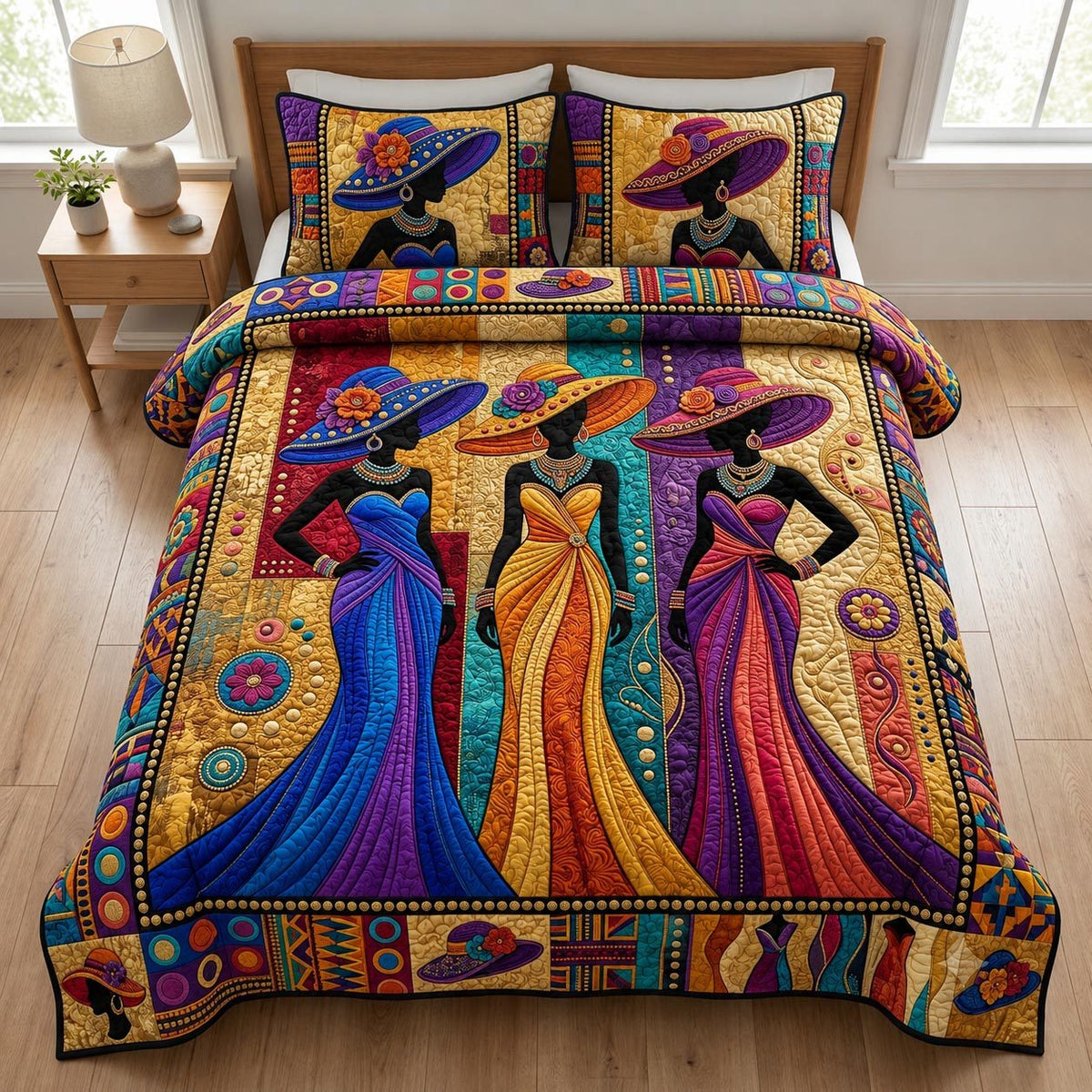 Melanin Queen quilted 3-piece bedding set on a made bed with two matching pillow shams