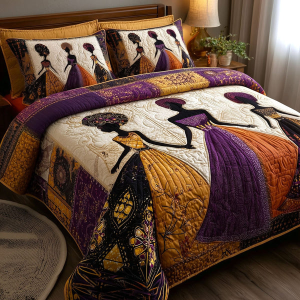 Melanin Queen quilted 3-piece bedding set on a made bed with two matching pillow shams