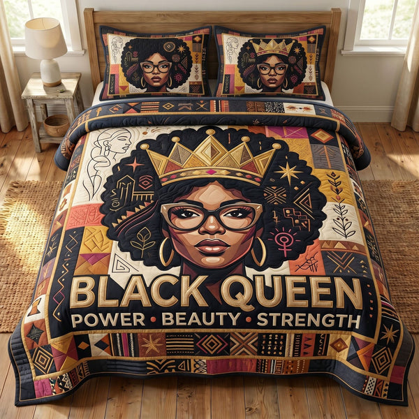 Melanin Queen quilted 3-piece bedding set on a made bed with two matching pillow shams