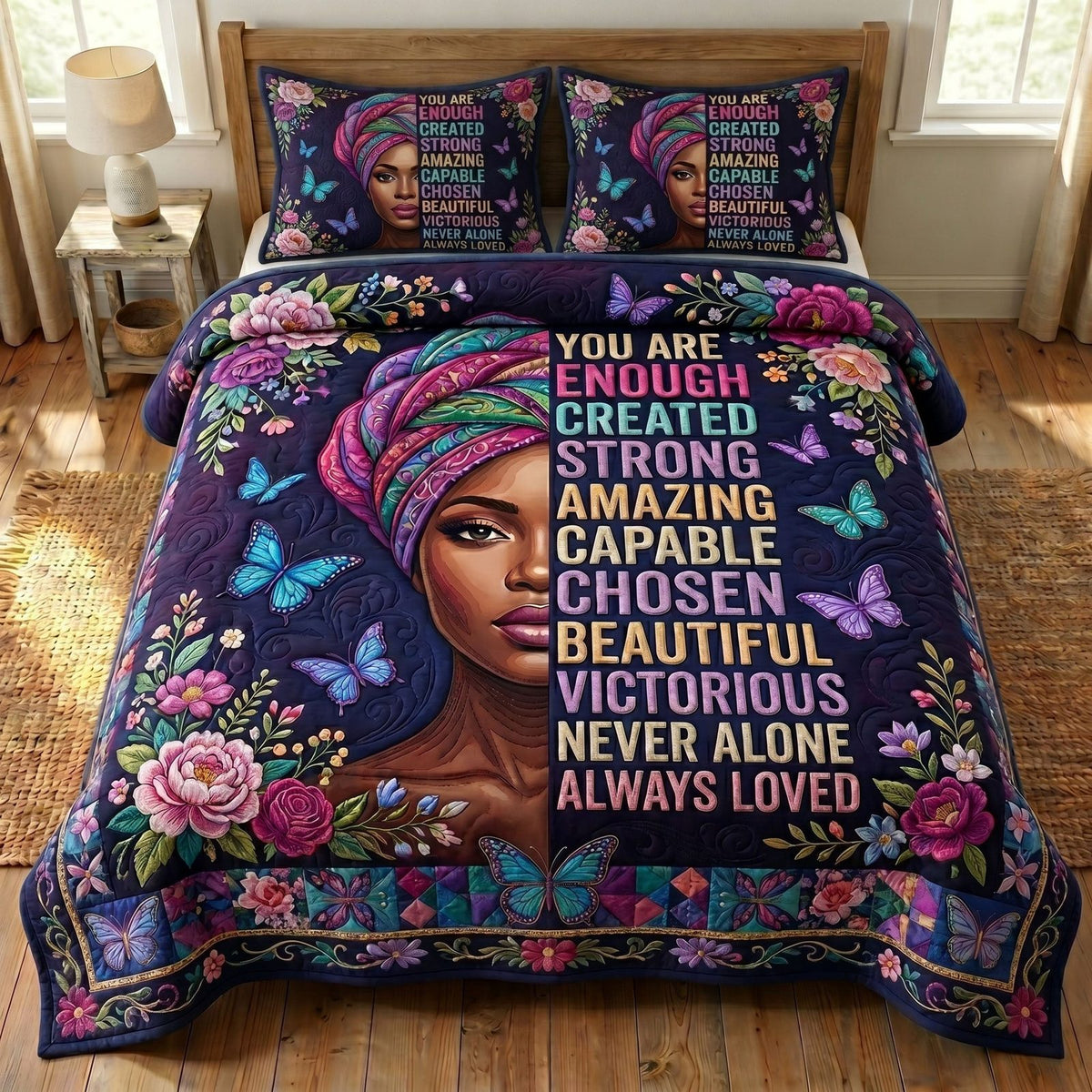 Melanin Queen quilted 3-piece bedding set on a made bed with two matching pillow shams