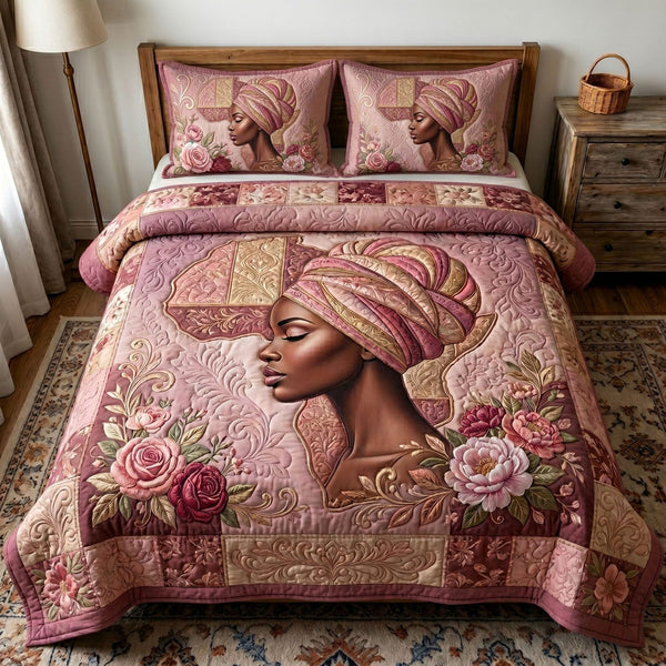 Melanin Queen quilted 3-piece bedding set on a made bed with two matching pillow shams