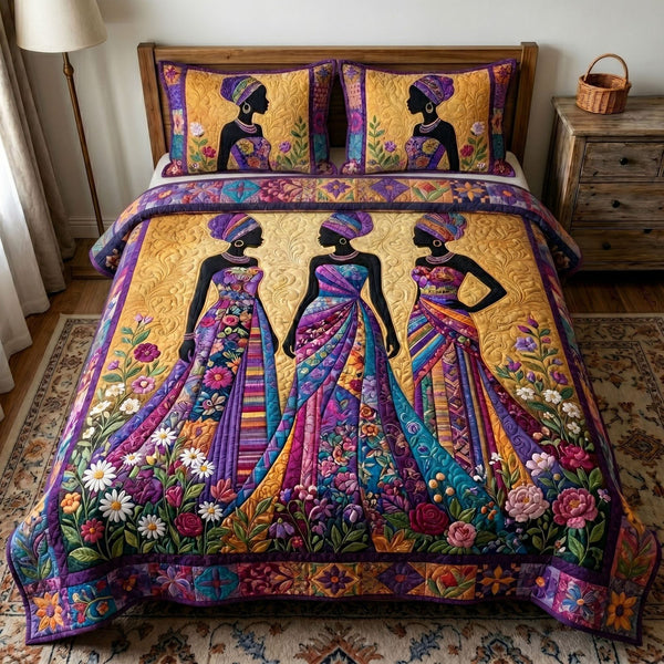 Melanin Queen quilted 3-piece bedding set on a made bed with two matching pillow shams