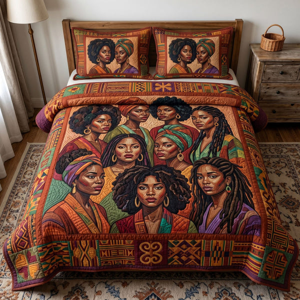 Melanin Queen quilted 3-piece bedding set on a made bed with two matching pillow shams