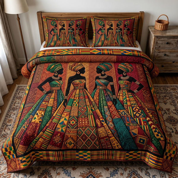 Melanin Queen quilted 3-piece bedding set on a made bed with two matching pillow shams
