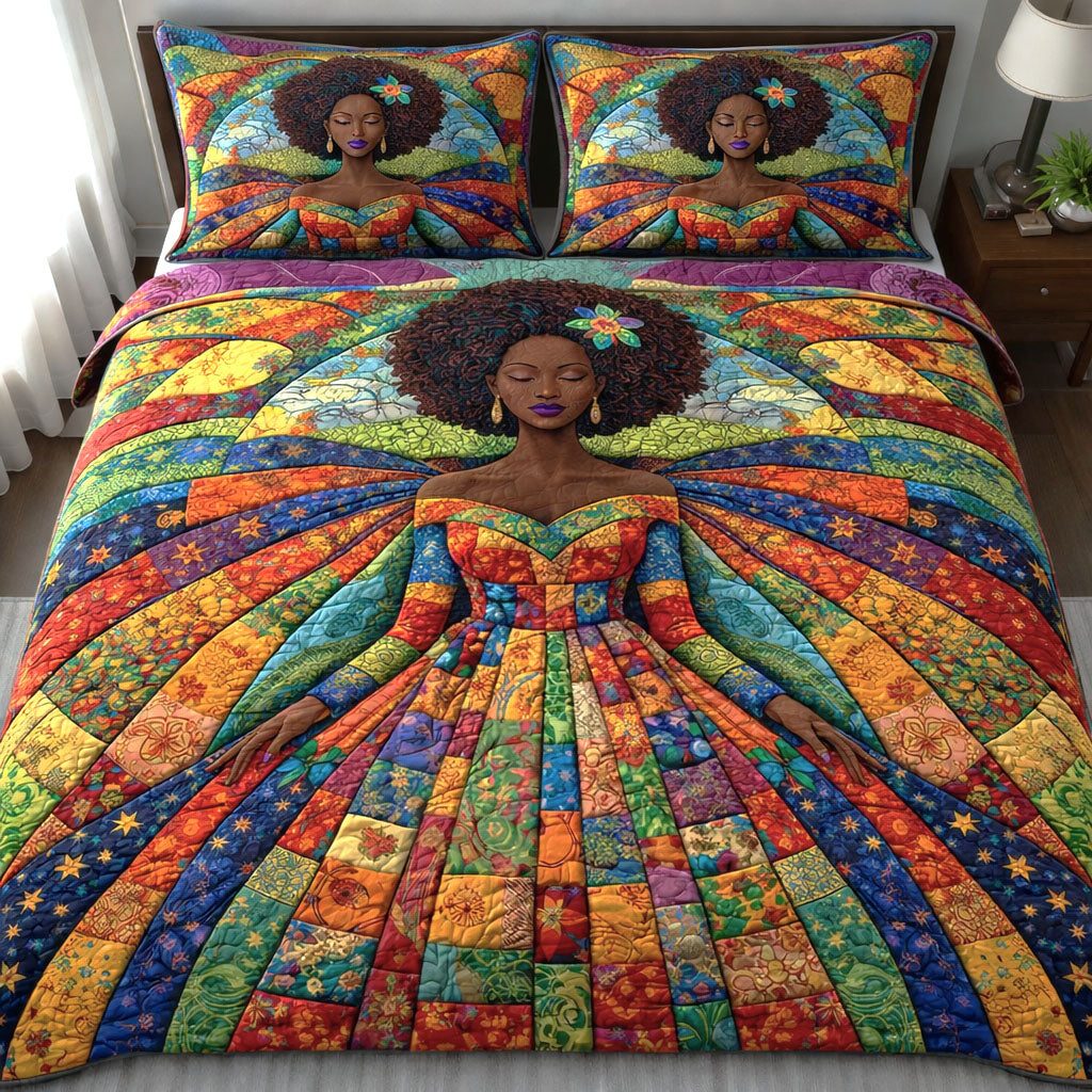 Melanin Queen quilted 3-piece bedding set on a made bed with two matching pillow shams