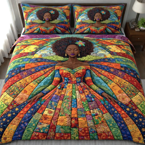 Melanin Queen quilted 3-piece bedding set on a made bed with two matching pillow shams