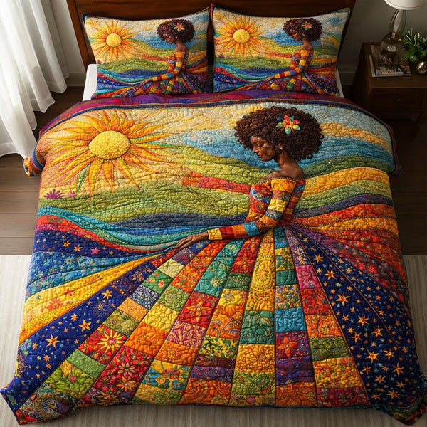 Melanin Queen quilted 3-piece bedding set on a made bed with two matching pillow shams