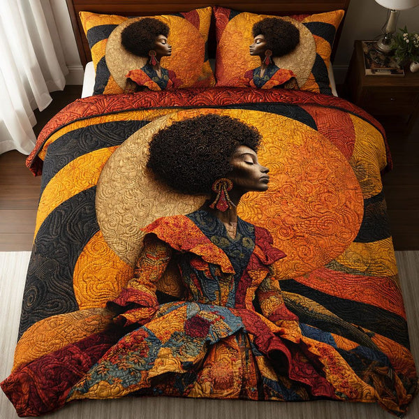 Melanin Queen quilted 3-piece bedding set on a made bed with two matching pillow shams