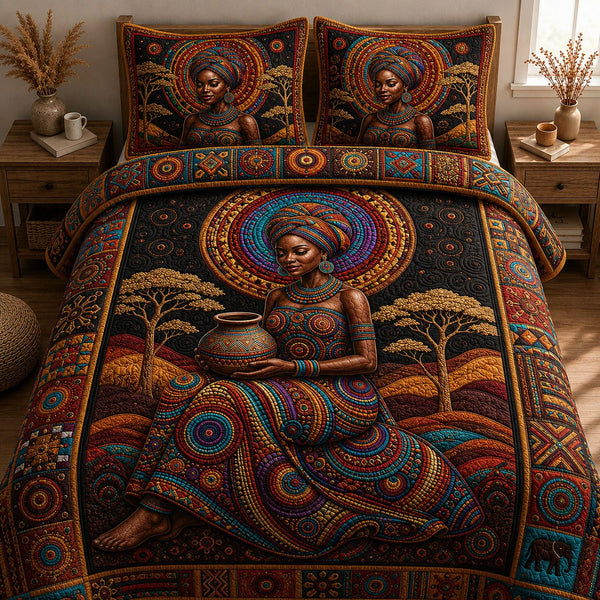 Melanin Queen quilted 3-piece bedding set on a made bed with two matching pillow shams