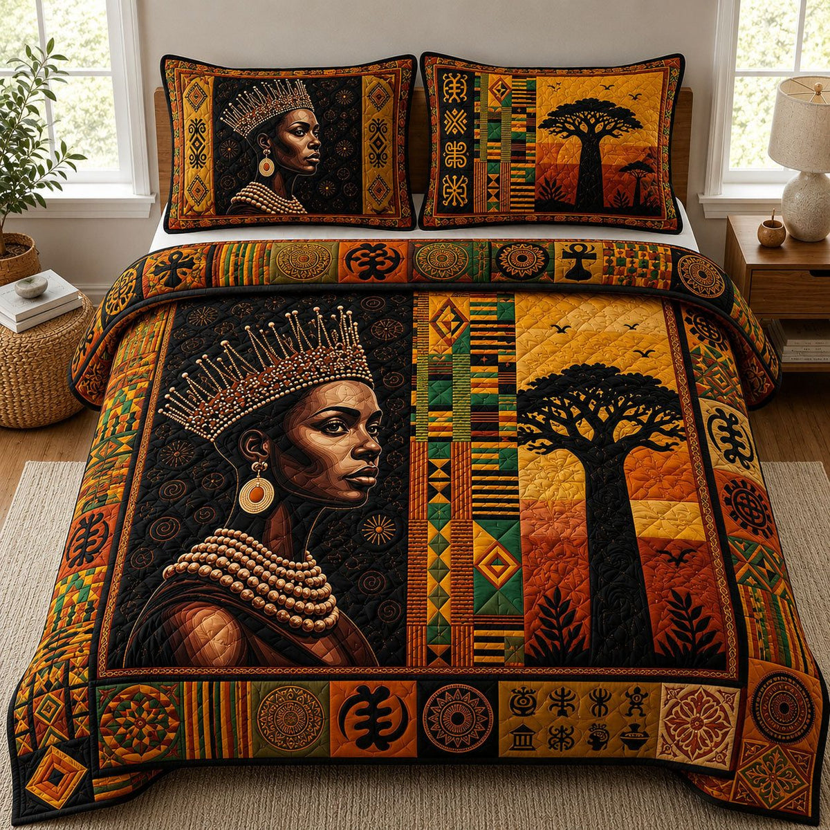 Melanin Queen quilted 3-piece bedding set on a made bed with two matching pillow shams