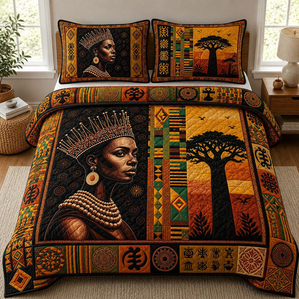 Melanin Queen quilted 3-piece bedding set on a made bed with two matching pillow shams