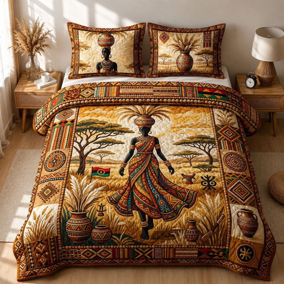 Melanin Queen quilted 3-piece bedding set on a made bed with two matching pillow shams