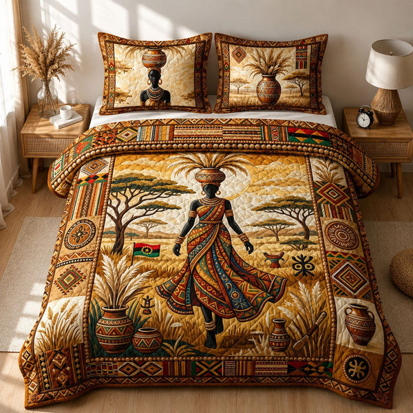 Melanin Queen quilted 3-piece bedding set on a made bed with two matching pillow shams
