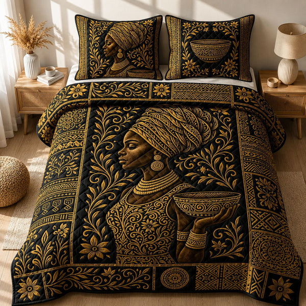 Melanin Queen quilted 3-piece bedding set on a made bed with two matching pillow shams