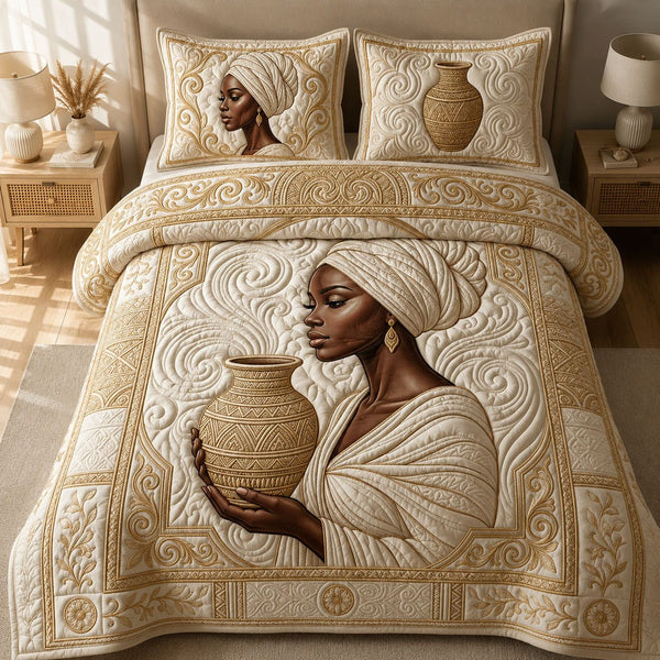 Melanin Queen quilted 3-piece bedding set on a made bed with two matching pillow shams