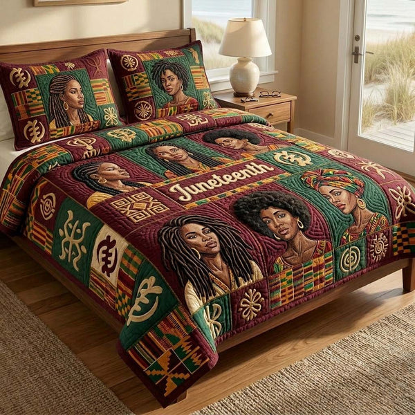 Melanin Queens quilted 3-piece bedding set on a made bed with two matching pillow shams
