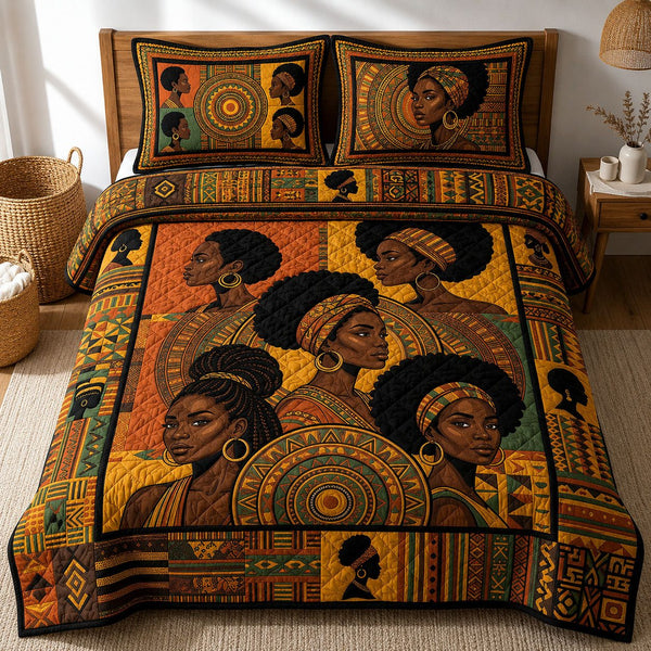 Melanin Queens quilted 3-piece bedding set on a made bed with two matching pillow shams