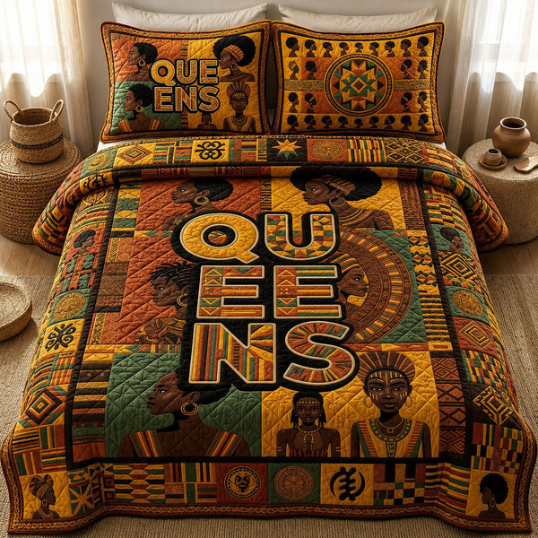 Melanin Queens quilted 3-piece bedding set on a made bed with two matching pillow shams