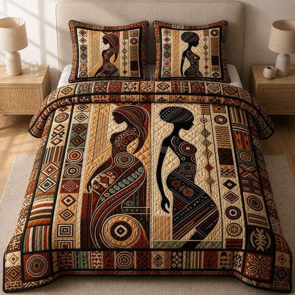 Melanin Queens quilted 3-piece bedding set on a made bed with two matching pillow shams