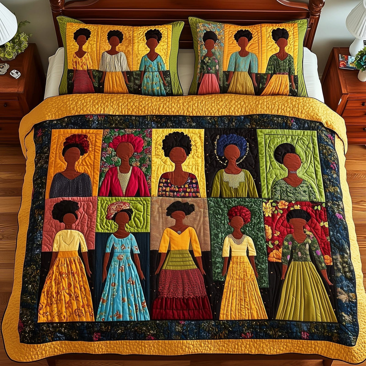 Melanin quilted 3-piece bedding set on a made bed with two matching pillow shams