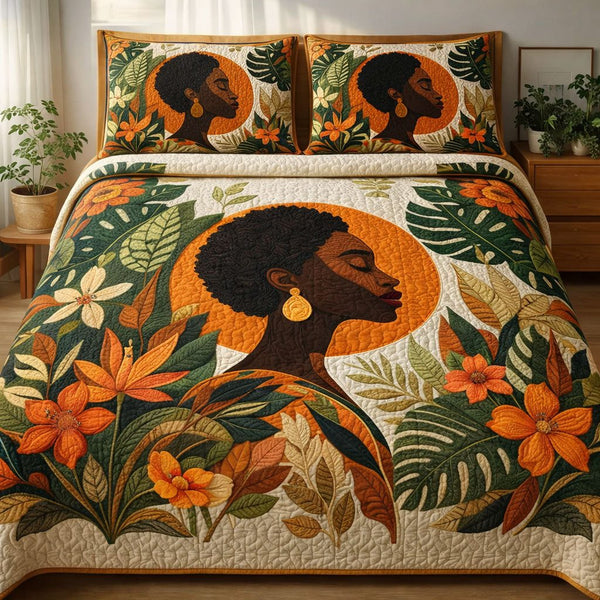 Melanin quilted 3-piece bedding set on a made bed with two matching pillow shams