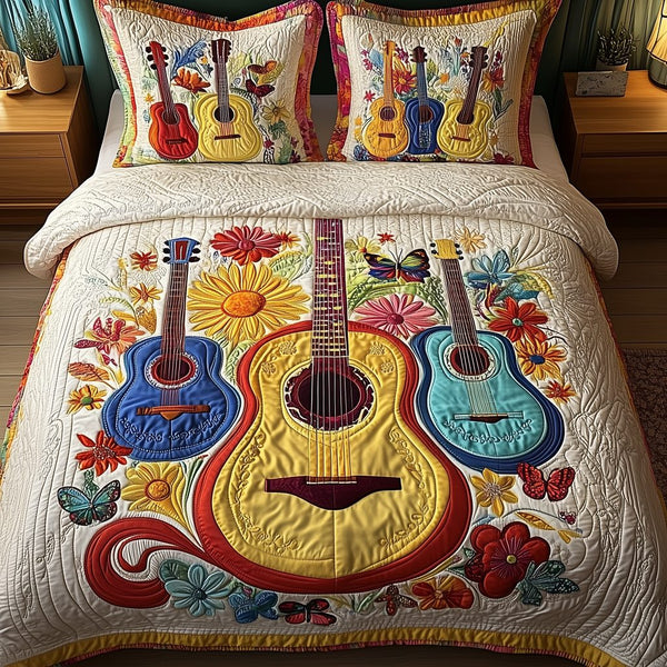 Melody Of Colors Guitar quilted 3-piece bedding set on a made bed with two matching pillow shams