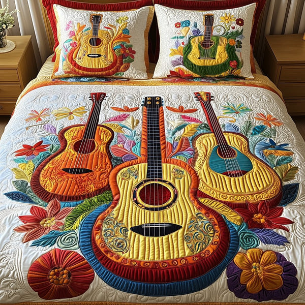 Melody Of Colors Guitar quilted 3-piece bedding set on a made bed with two matching pillow shams