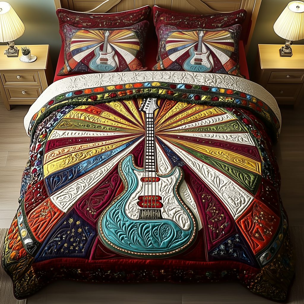 Melody Of Colors Guitar quilted 3-piece bedding set on a made bed with two matching pillow shams