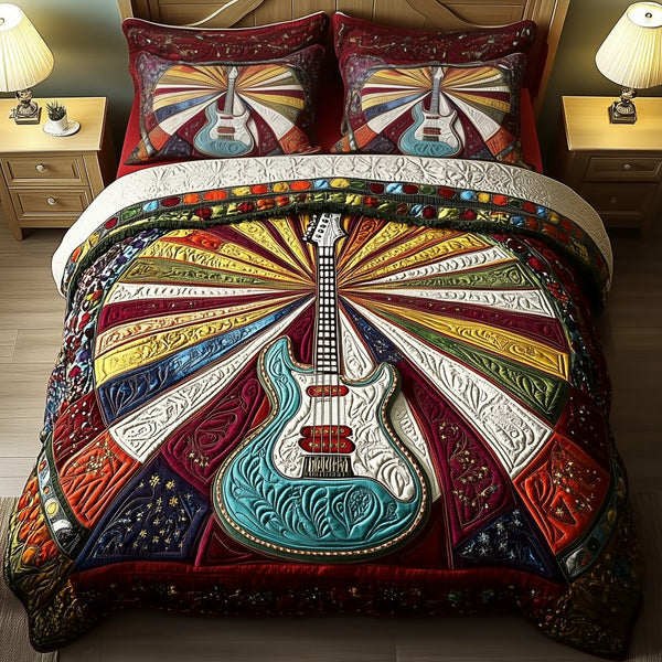 Melody Of Colors Guitar quilted 3-piece bedding set on a made bed with two matching pillow shams