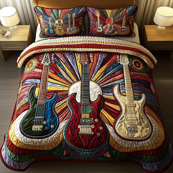 Melody Of Colors Guitar quilted 3-piece bedding set on a made bed with two matching pillow shams