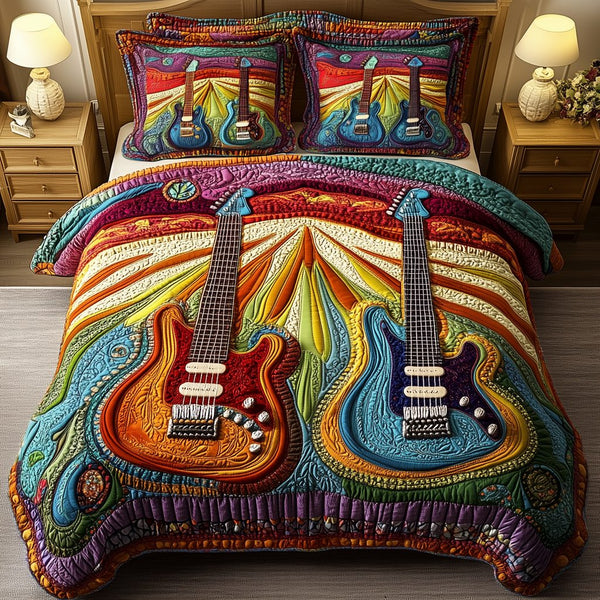 Melody Of Colors Guitar quilted 3-piece bedding set on a made bed with two matching pillow shams