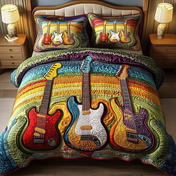 Melody Of Colors Guitar quilted 3-piece bedding set on a made bed with two matching pillow shams
