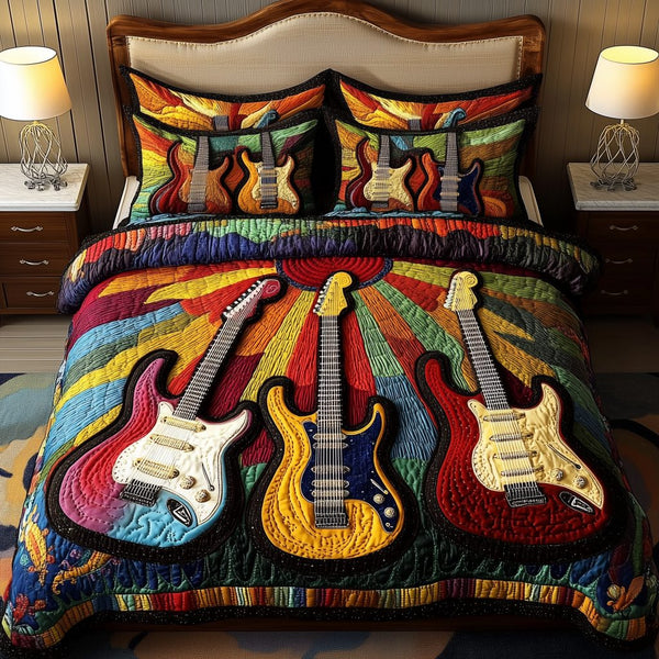 Melody Of Colors Guitar quilted 3-piece bedding set on a made bed with two matching pillow shams