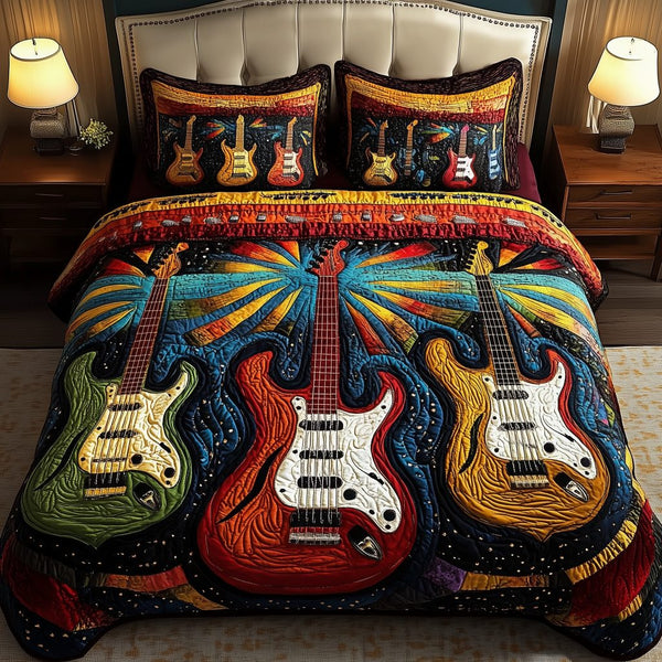 Melody Of Colors Guitar quilted 3-piece bedding set on a made bed with two matching pillow shams