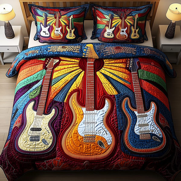 Melody Of Colors Guitar quilted 3-piece bedding set on a made bed with two matching pillow shams