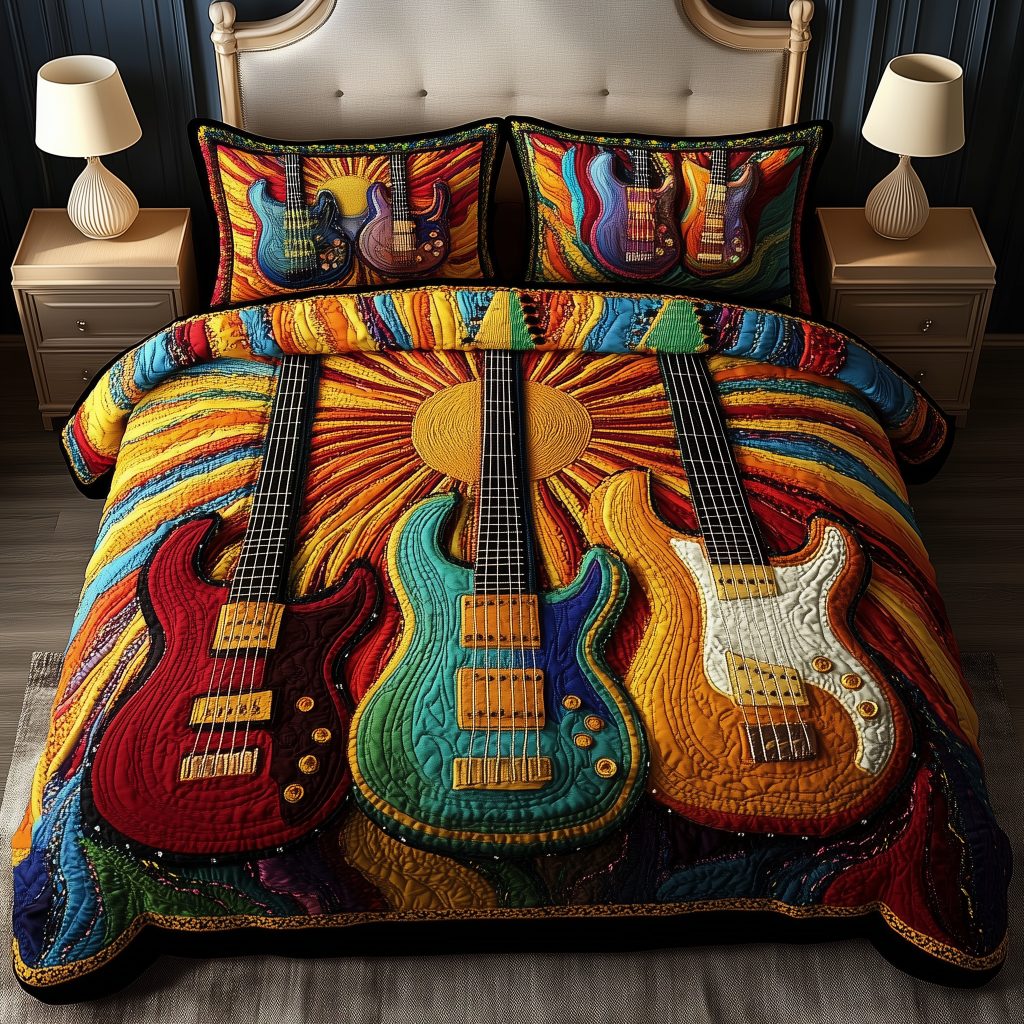 Melody Of Colors Guitar quilted 3-piece bedding set on a made bed with two matching pillow shams
