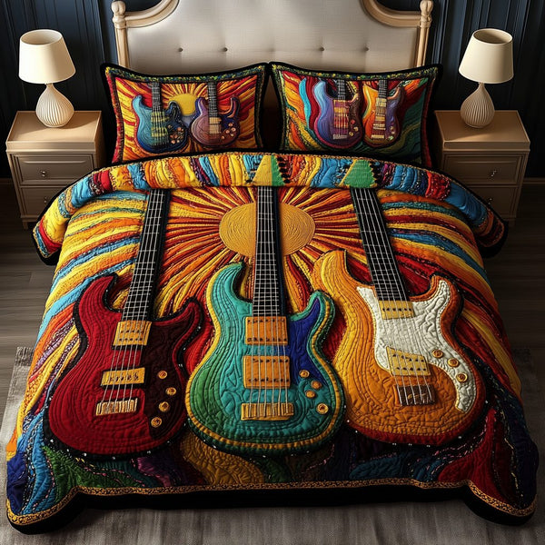 Melody Of Colors Guitar quilted 3-piece bedding set on a made bed with two matching pillow shams