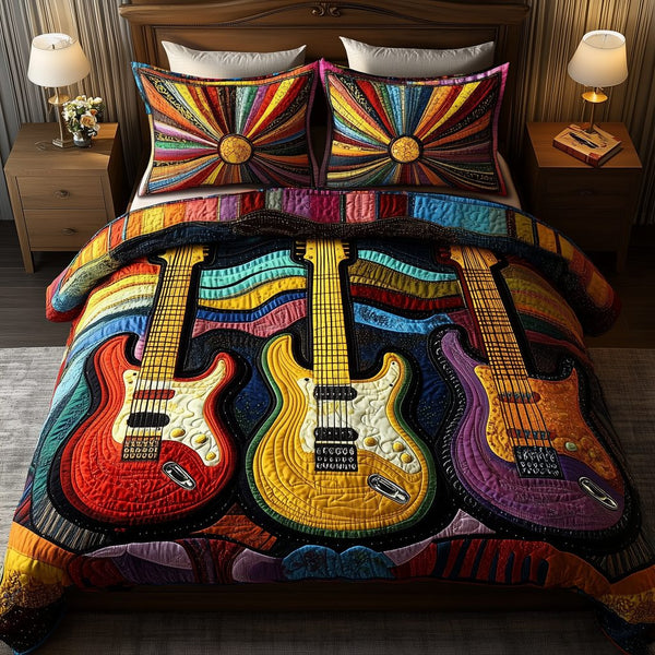 Melody Of Colors Guitar quilted 3-piece bedding set on a made bed with two matching pillow shams