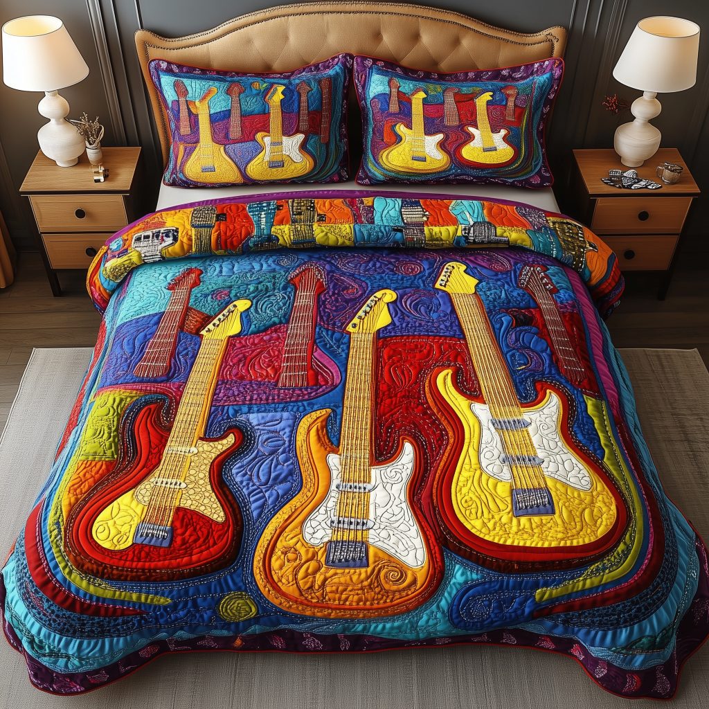 Melody Of Colors Guitar quilted 3-piece bedding set on a made bed with two matching pillow shams