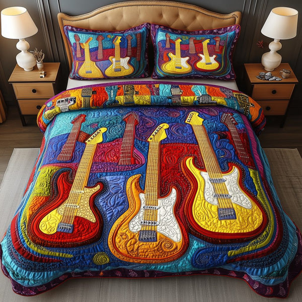 Melody Of Colors Guitar quilted 3-piece bedding set on a made bed with two matching pillow shams