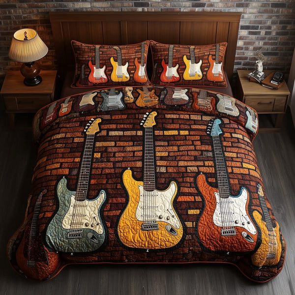 Melody of Soul quilted 3-piece bedding set on a made bed with two matching pillow shams