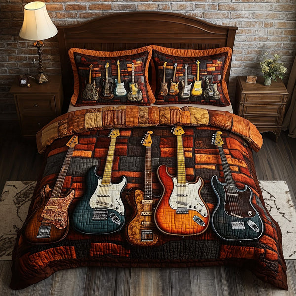 Melody of Soul quilted 3-piece bedding set on a made bed with two matching pillow shams