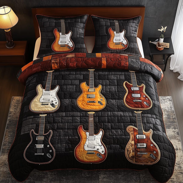 Melody of Soul quilted 3-piece bedding set on a made bed with two matching pillow shams