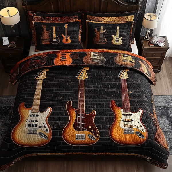 Melody of Soul quilted 3-piece bedding set on a made bed with two matching pillow shams