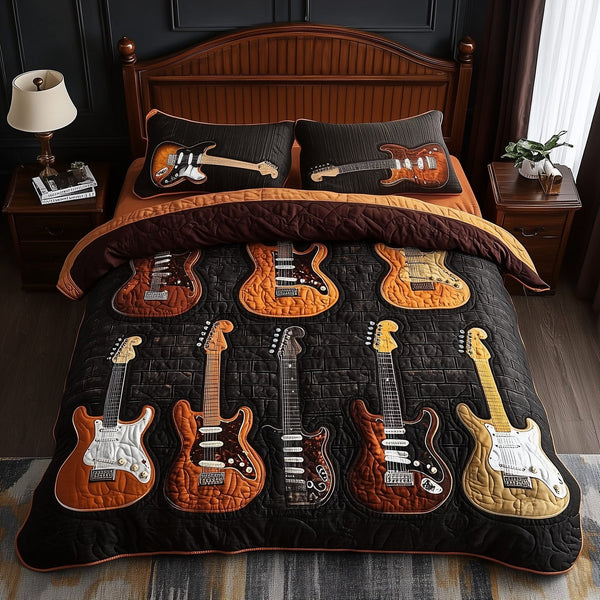 Melody of Soul quilted 3-piece bedding set on a made bed with two matching pillow shams