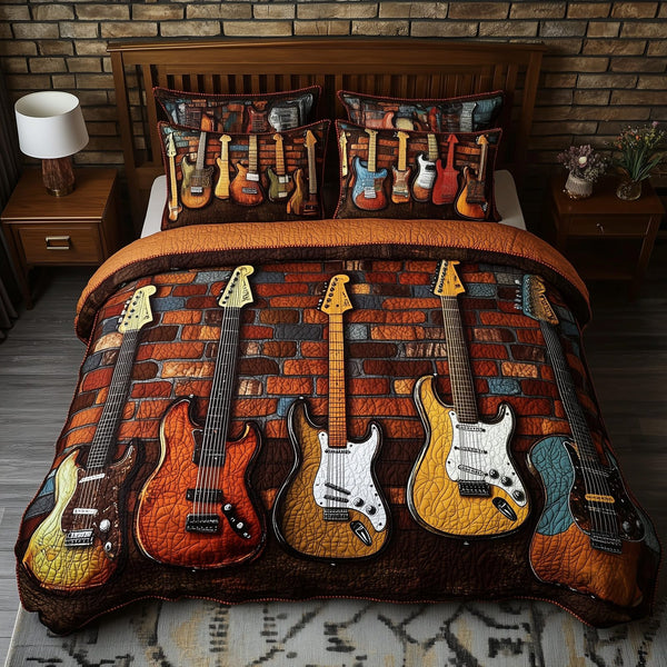 Melody of Soul quilted 3-piece bedding set on a made bed with two matching pillow shams