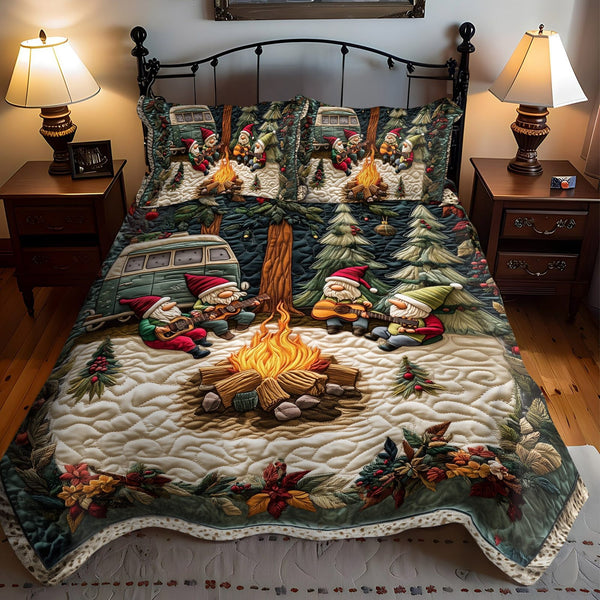 Melody of the Gnomes quilted 3-piece bedding set on a made bed with two matching pillow shams